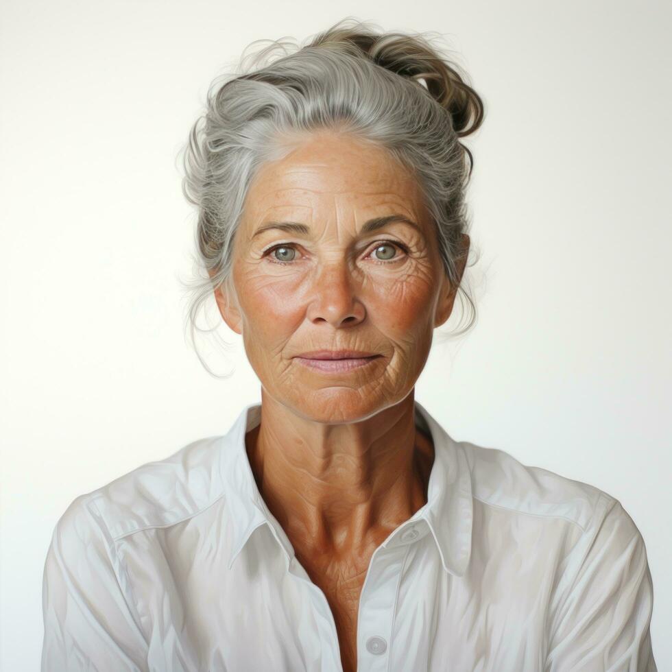 an older woman wearing a white shirt. photo