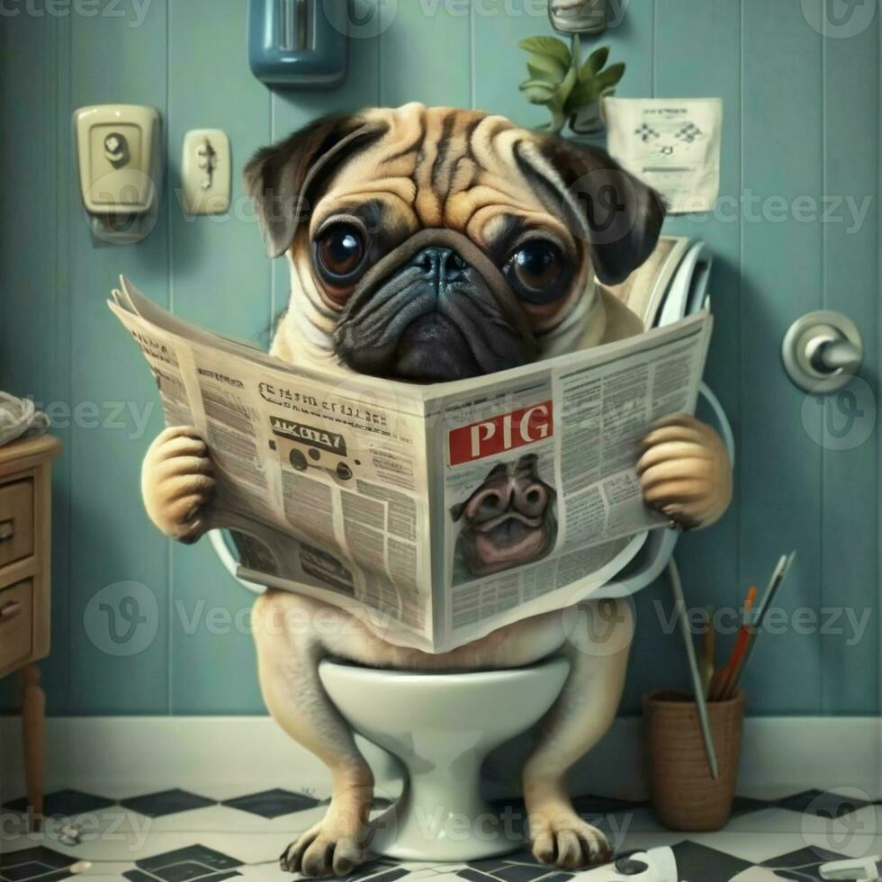 graphic of funny pug sitting on toilet and reading newspaper photo