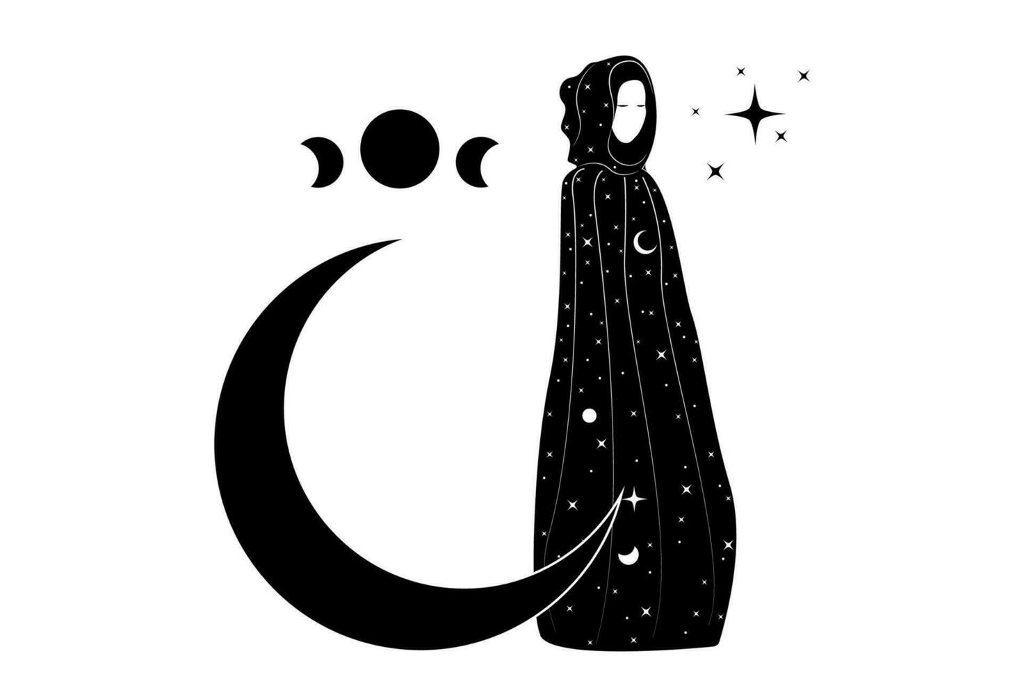 bruja en un negro capa, místico sacerdotisa en un mágico capa con cabeza capucha en el negro creciente Luna. triple diosa, wiccan mujer, concepto de esotérico magia sagrado hembra en boho escalera para pasar una cerca, aislado vector