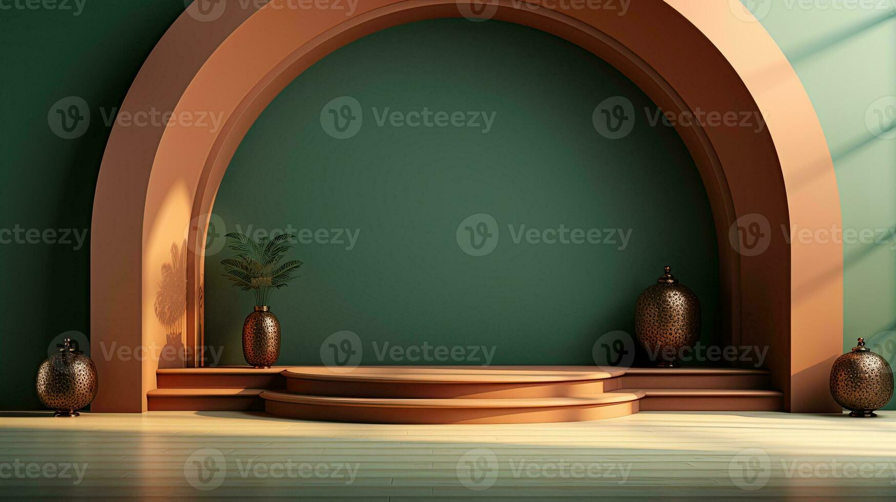 green podium with beige elements in Arabic minimalist style. Podium in the style of Ramadan, Eid Mubarak.AI generated photo