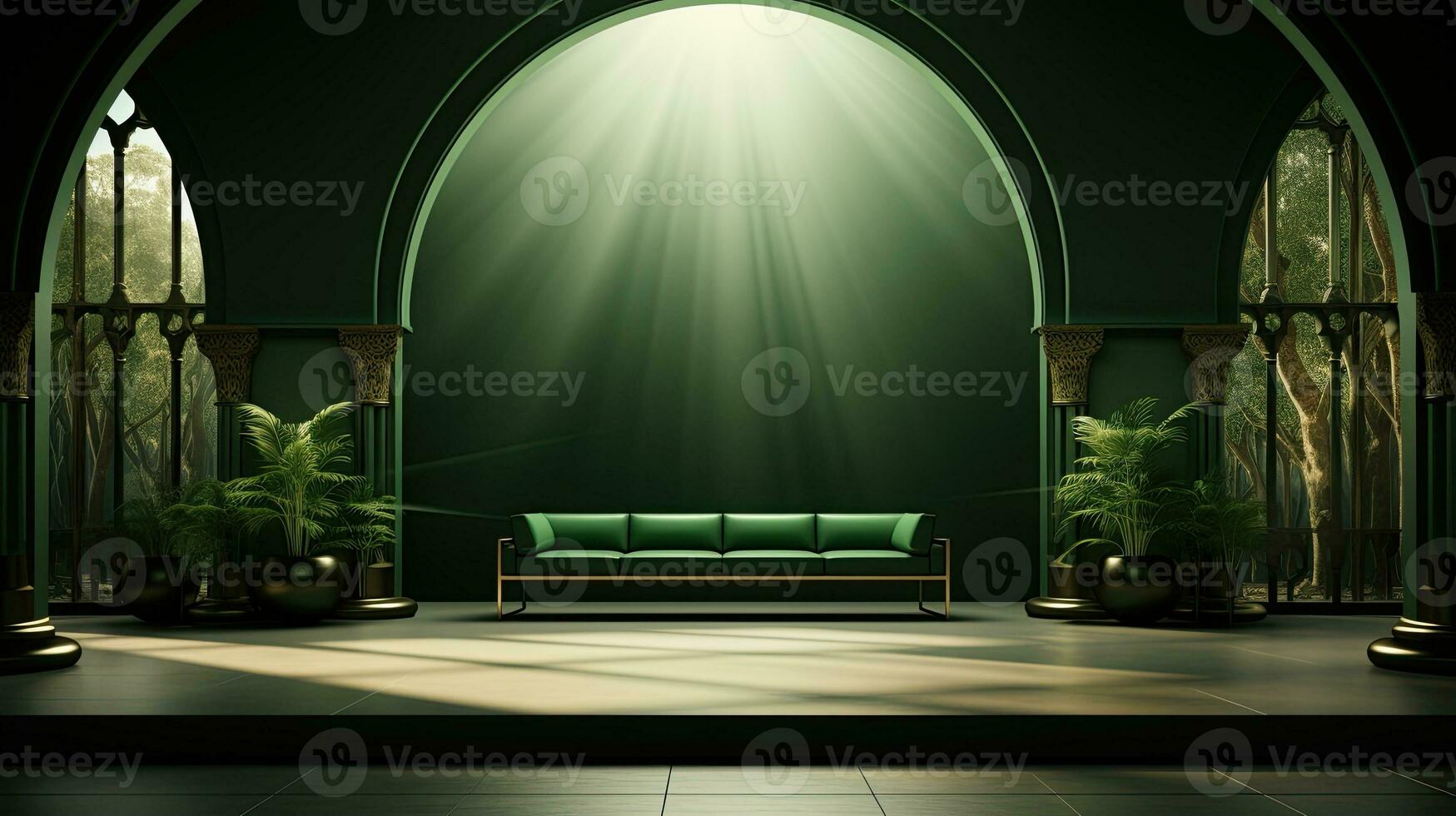 green podium with beige elements in Arabic minimalist style. Podium in the style of Ramadan, Eid Mubarak.AI generated photo