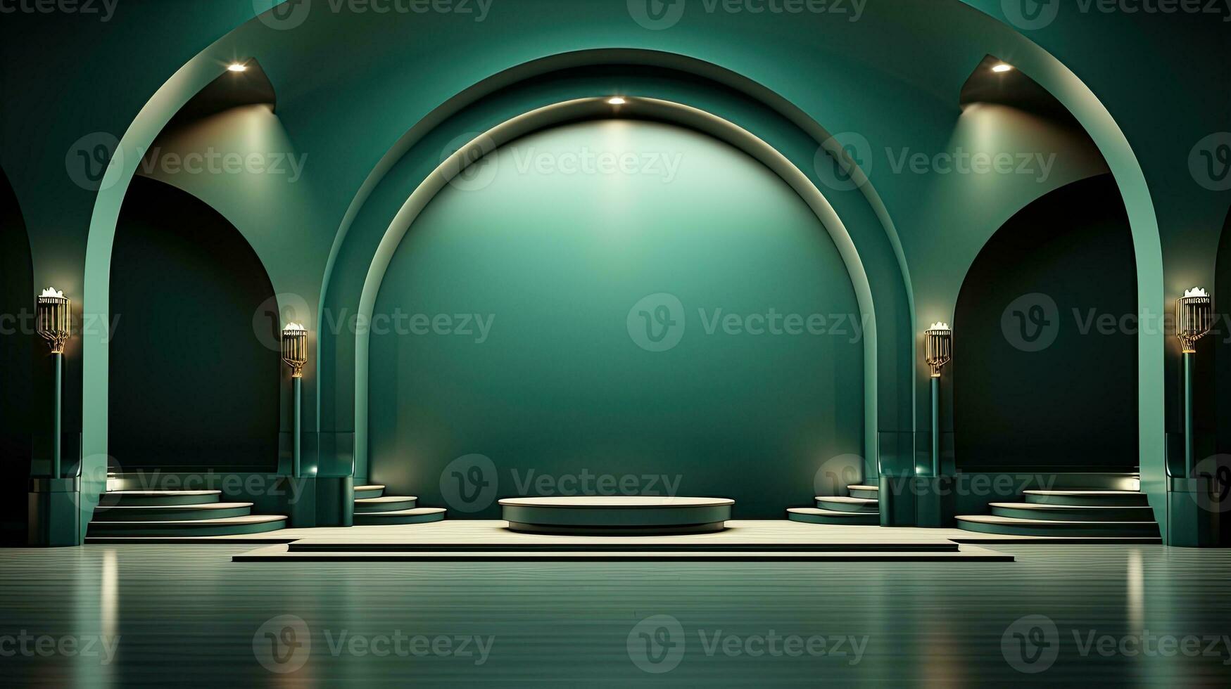 green podium with beige elements in Arabic minimalist style. Podium in the style of Ramadan, Eid Mubarak.AI generated photo