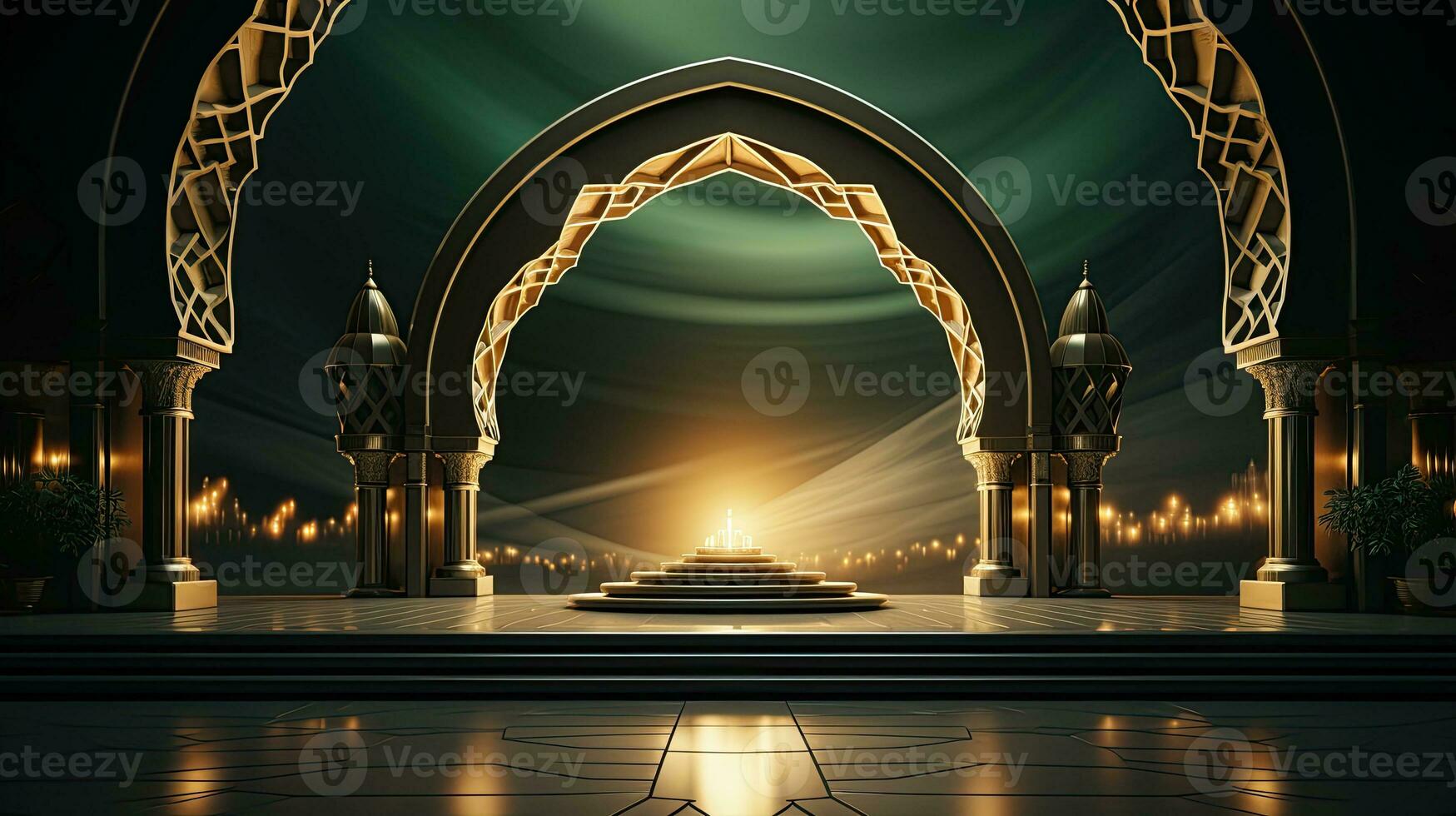 green podium with beige elements in Arabic minimalist style. Podium in the style of Ramadan, Eid Mubarak.AI generated photo