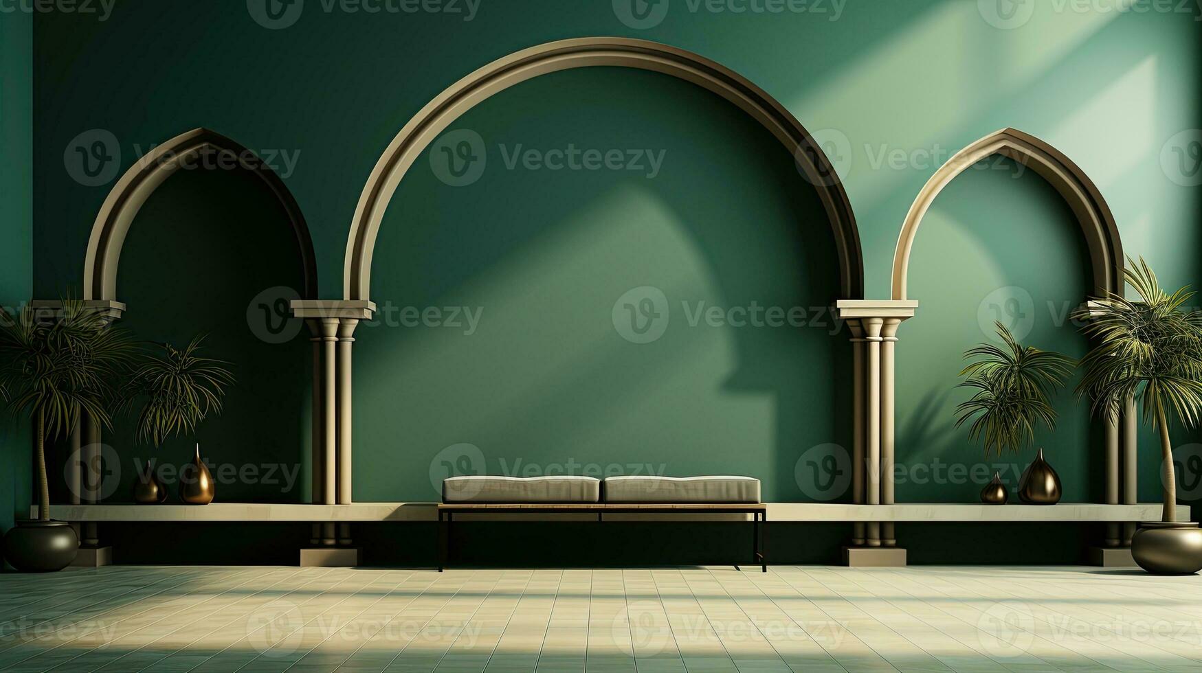 green podium with beige elements in Arabic minimalist style. Podium in the style of Ramadan, Eid Mubarak.AI generated photo