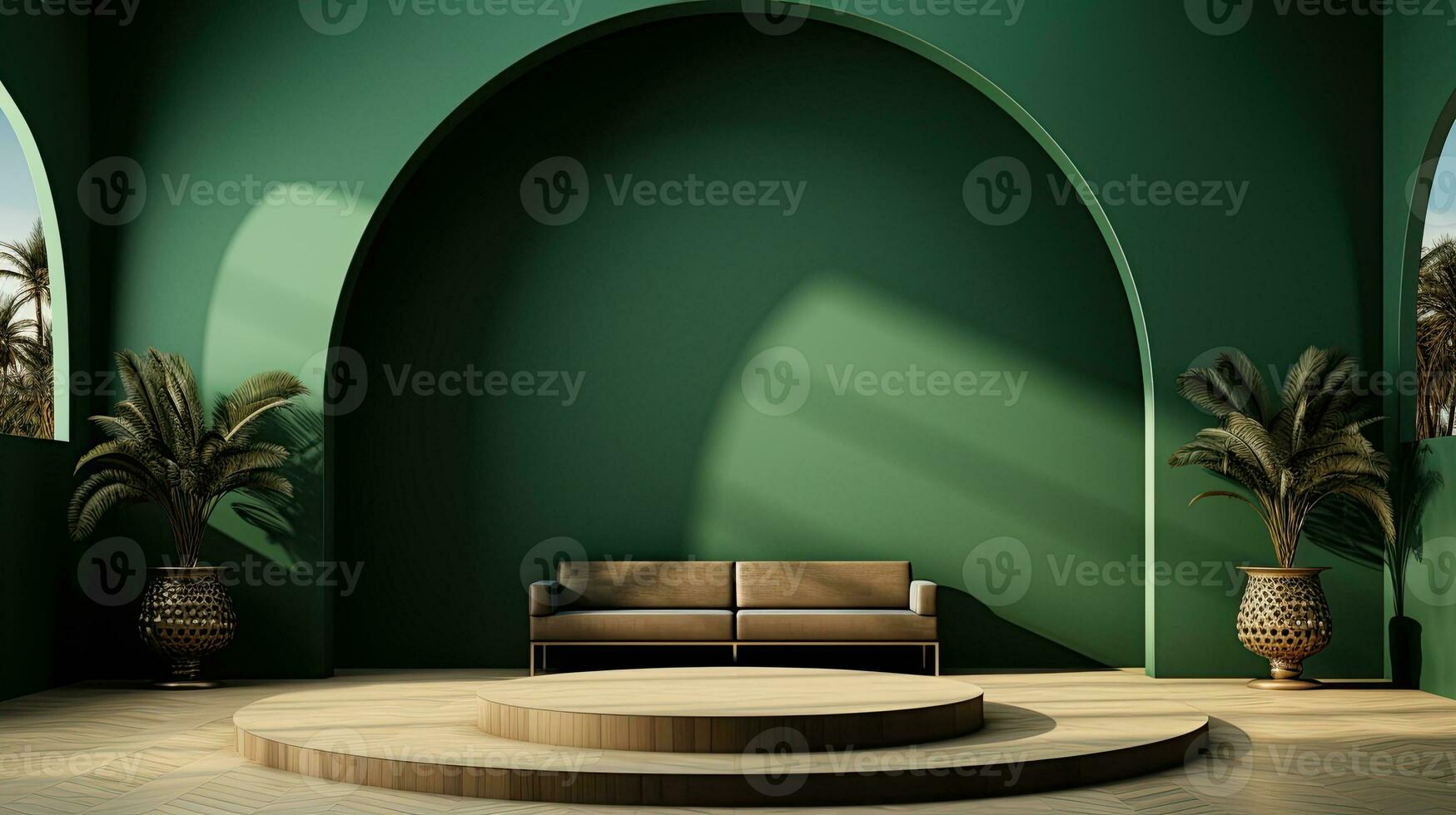 green podium with beige elements in Arabic minimalist style. Podium in the style of Ramadan, Eid Mubarak.AI generated photo