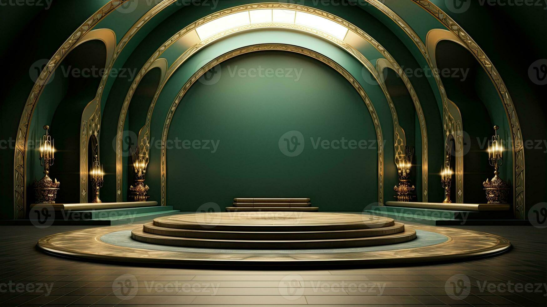 green podium with beige elements in Arabic minimalist style. Podium in the style of Ramadan, Eid Mubarak.AI generated photo