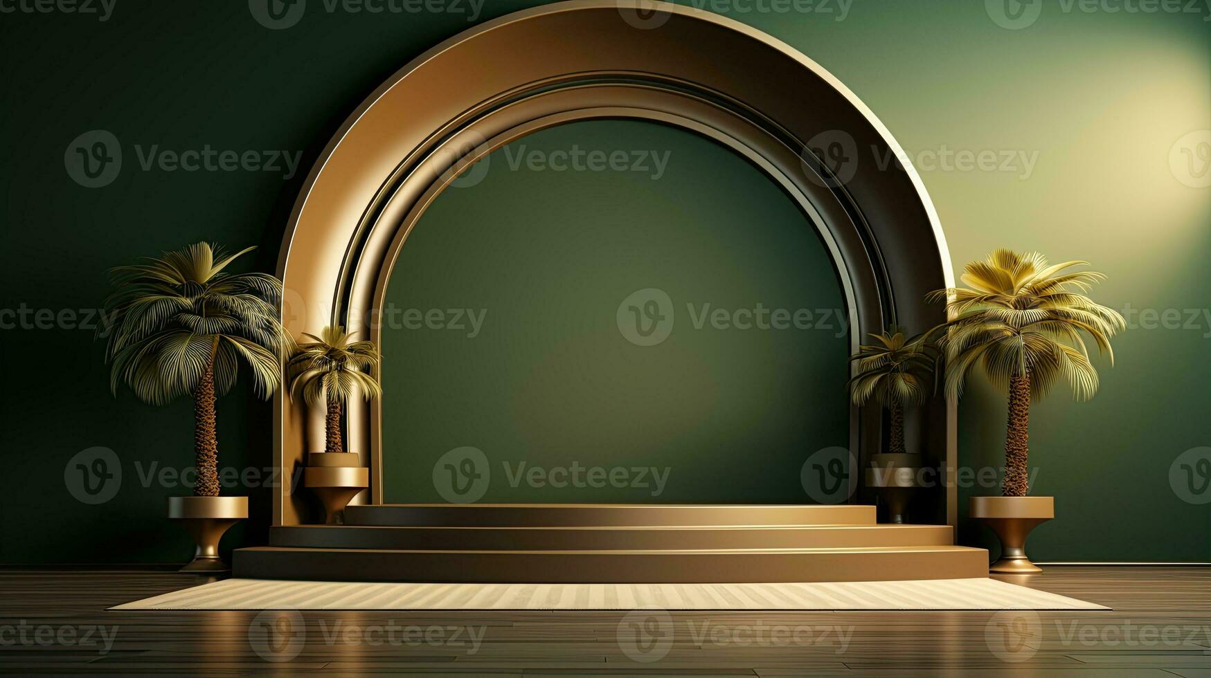 green podium with beige elements in Arabic minimalist style. Podium in the style of Ramadan, Eid Mubarak.AI generated photo