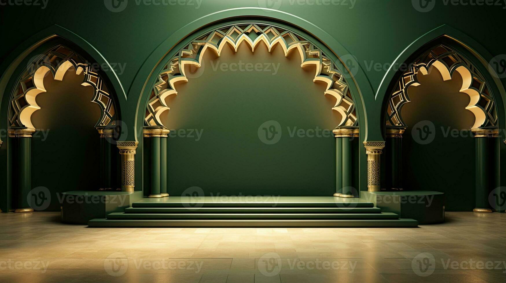 green podium with beige elements in Arabic minimalist style. Podium in the style of Ramadan, Eid Mubarak.AI generated photo