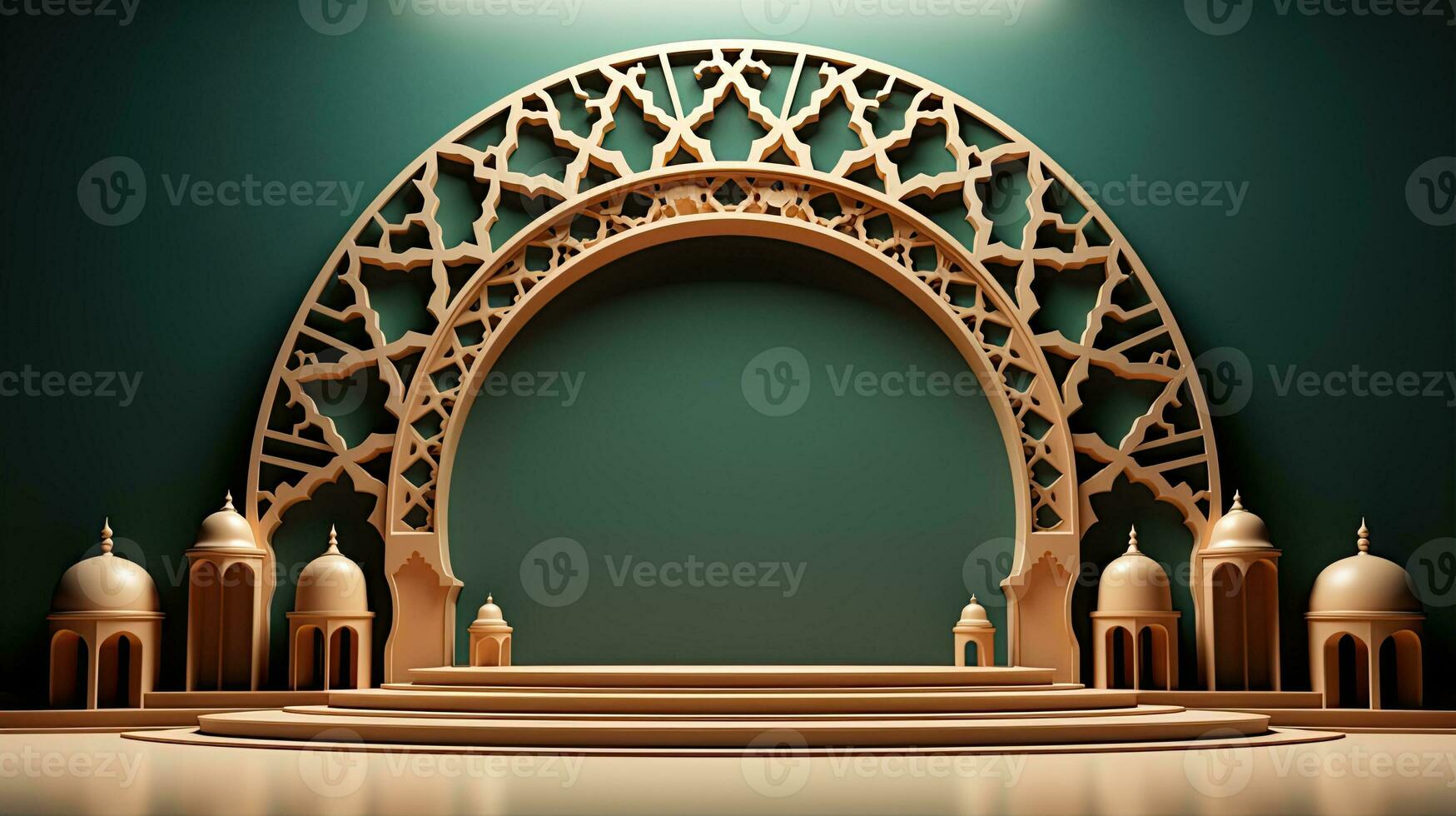 green podium with beige elements in Arabic minimalist style. Podium in the style of Ramadan, Eid Mubarak.AI generated photo