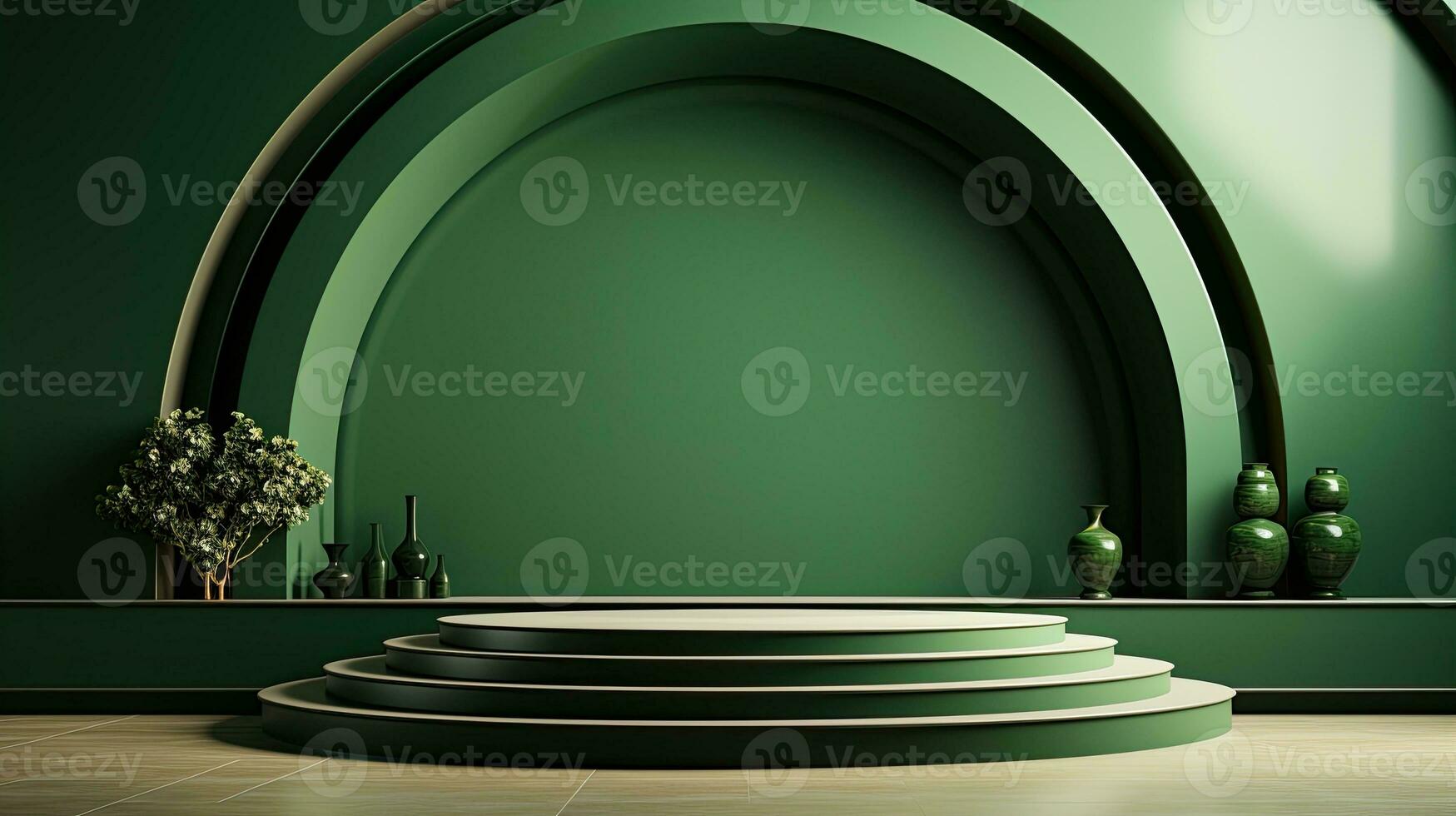 green podium with beige elements in Arabic minimalist style. Podium in the style of Ramadan, Eid Mubarak.AI generated photo