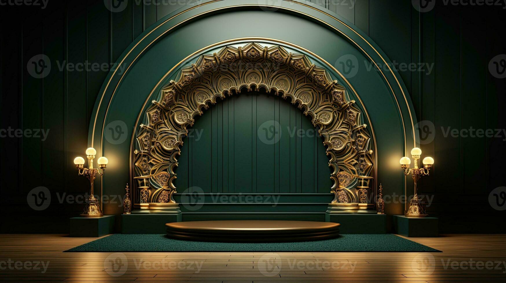 green podium with beige elements in Arabic minimalist style. Podium in the style of Ramadan, Eid Mubarak.AI generated photo