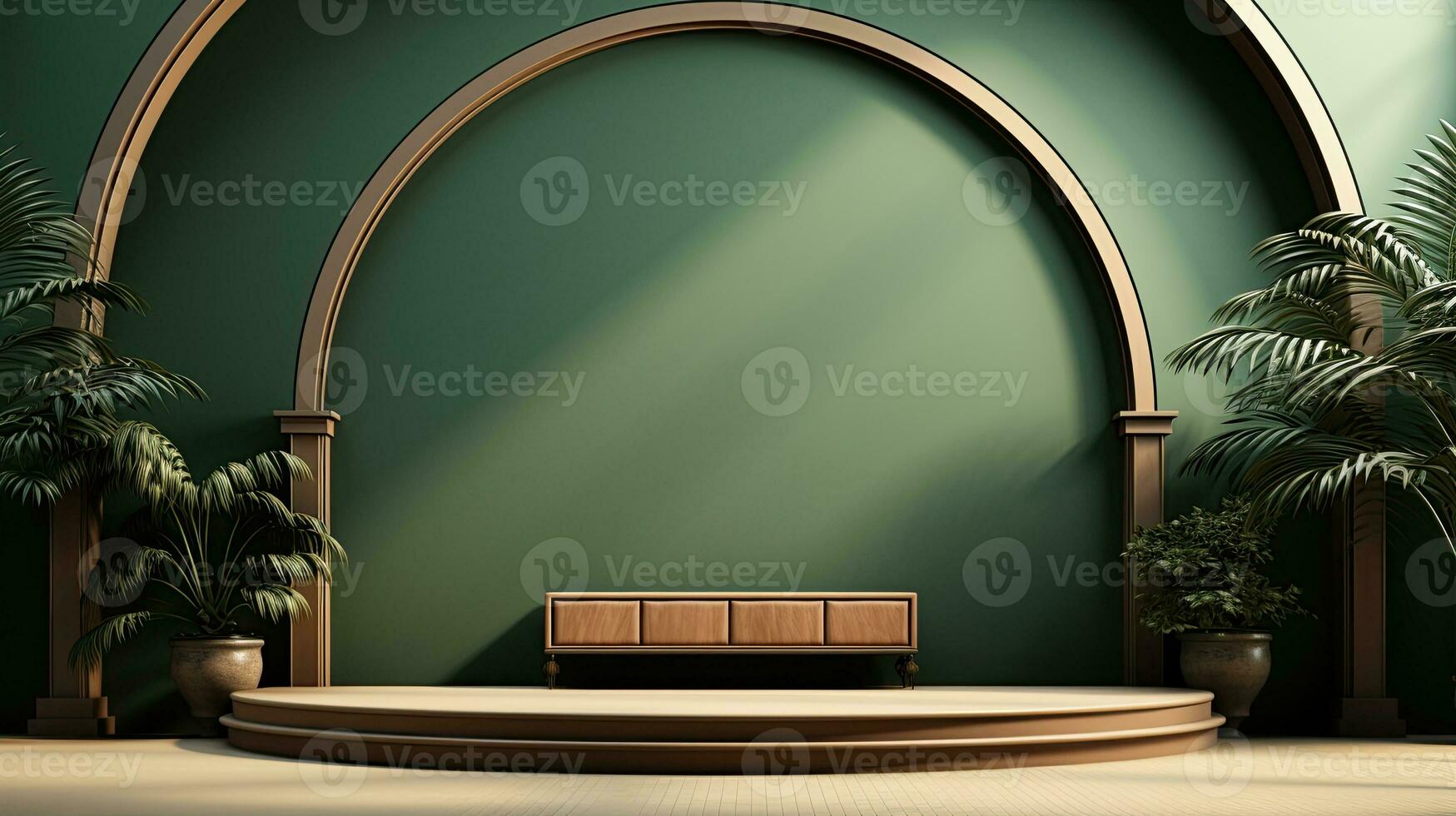 green podium with beige elements in Arabic minimalist style. Podium in the style of Ramadan, Eid Mubarak.AI generated photo