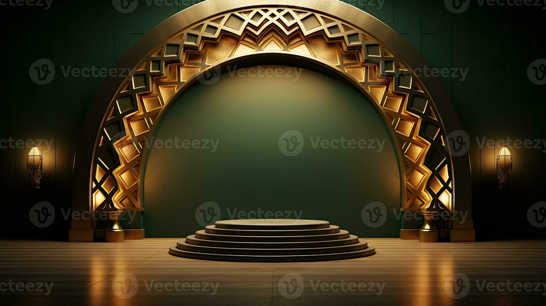 green podium with beige elements in Arabic minimalist style. Podium in the style of Ramadan, Eid Mubarak.AI generated photo