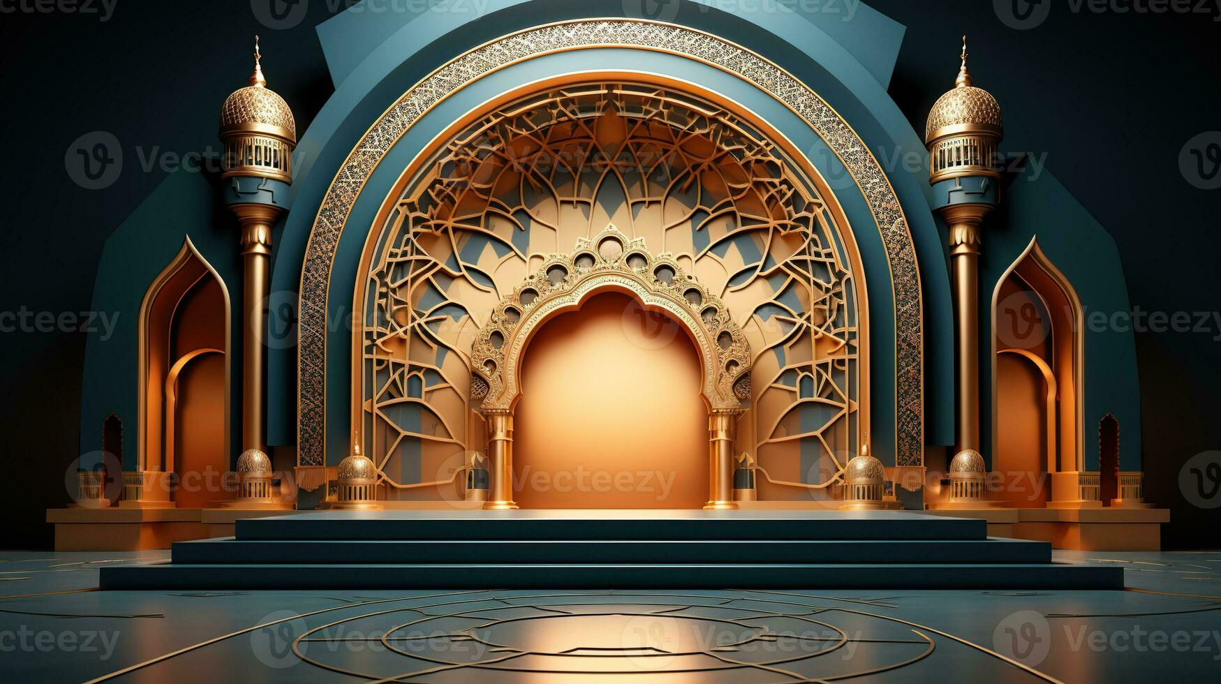 green podium with beige elements in Arabic minimalist style. Podium in the style of Ramadan, Eid Mubarak.AI generated photo