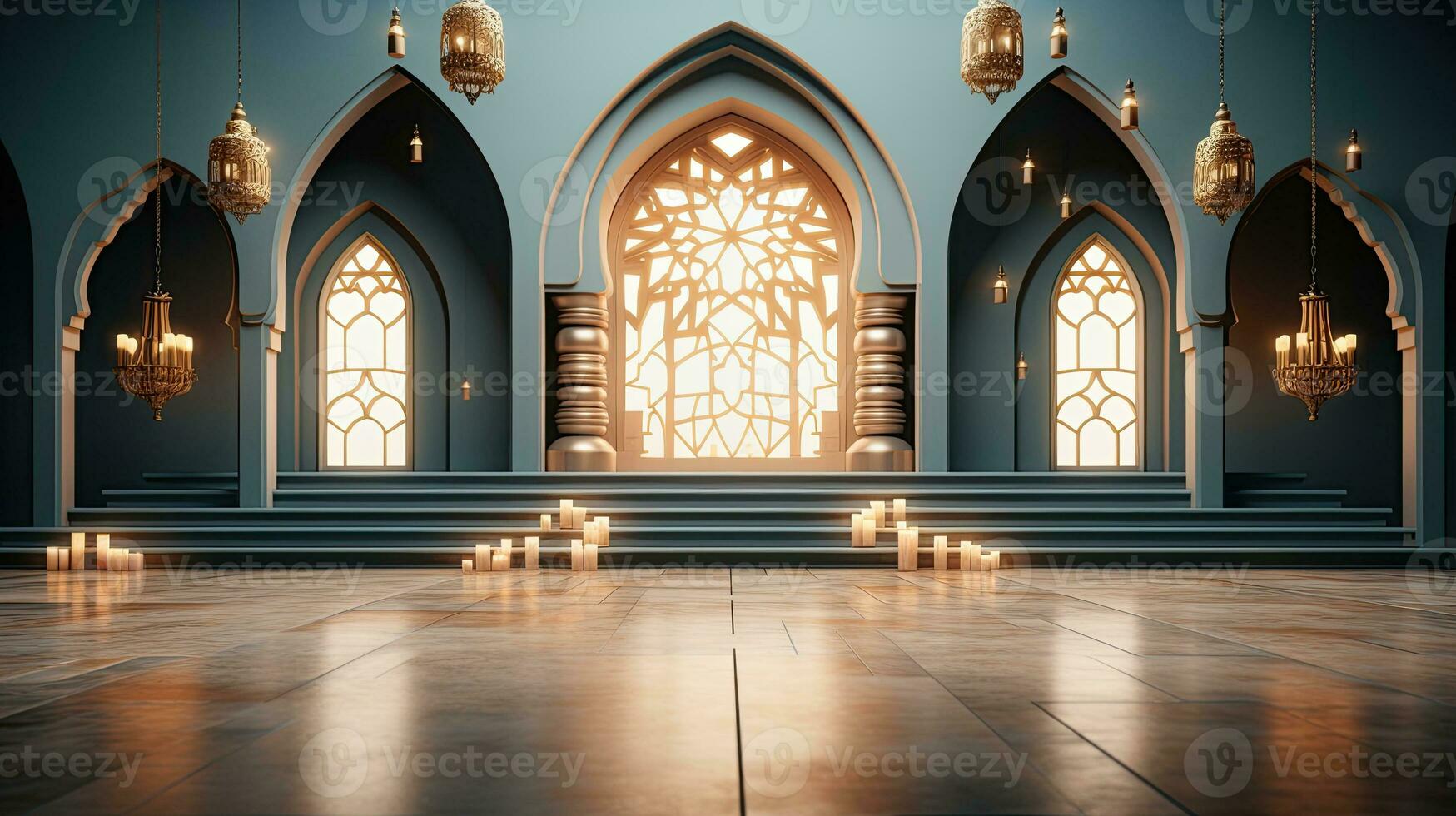 green podium with beige elements in Arabic minimalist style. Podium in the style of Ramadan, Eid Mubarak.AI generated photo
