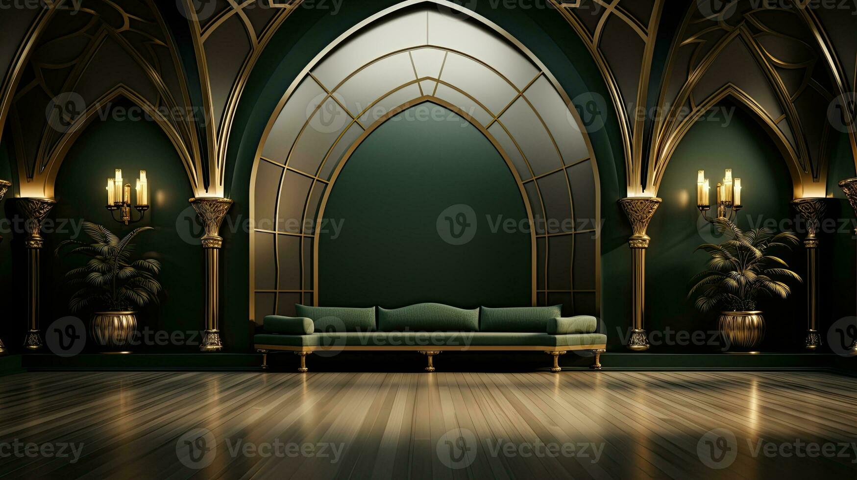 green podium with beige elements in Arabic minimalist style. Podium in the style of Ramadan, Eid Mubarak.AI generated photo