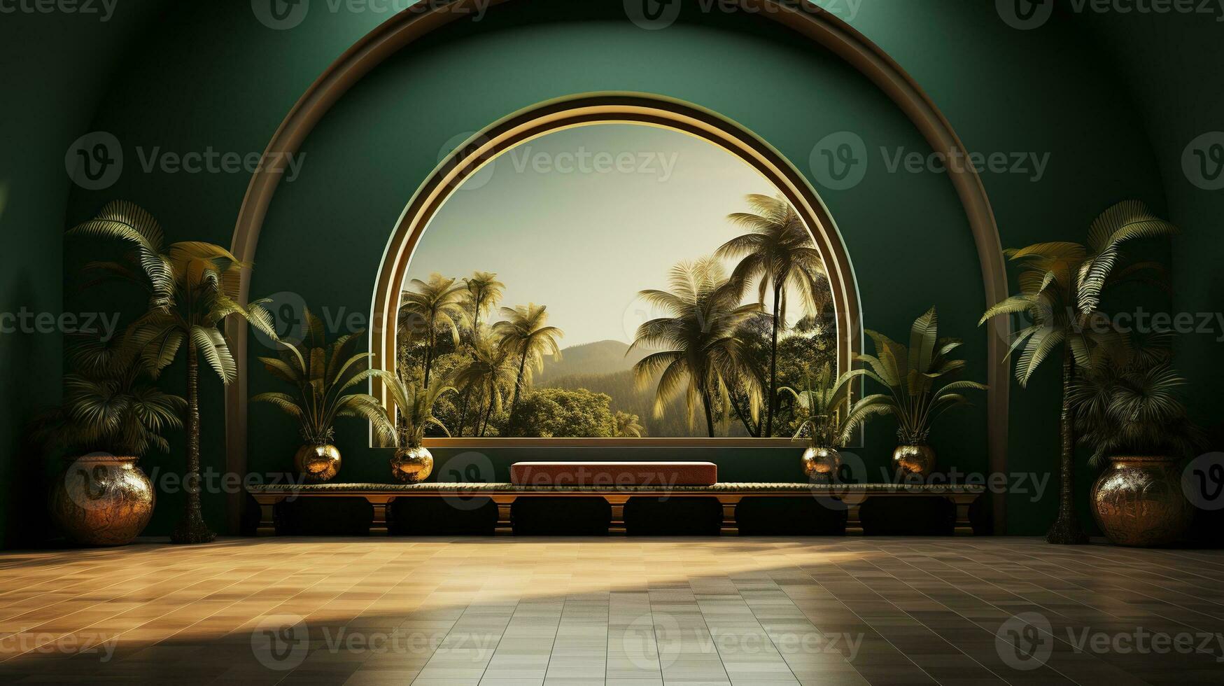 green podium with beige elements in Arabic minimalist style. Podium in the style of Ramadan, Eid Mubarak.AI generated photo