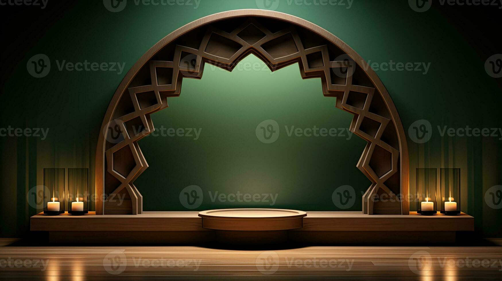 green podium with beige elements in Arabic minimalist style. Podium in the style of Ramadan, Eid Mubarak.AI generated photo