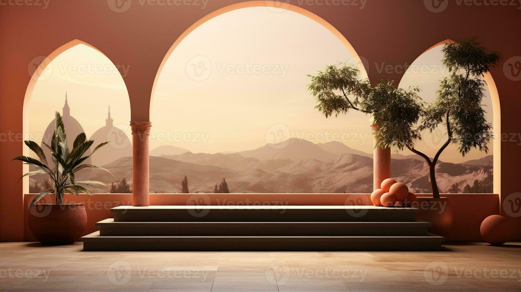 podium background in Ramadan holiday minimalism style . oriental arabic design with shades of pastel colors. ai generated photo