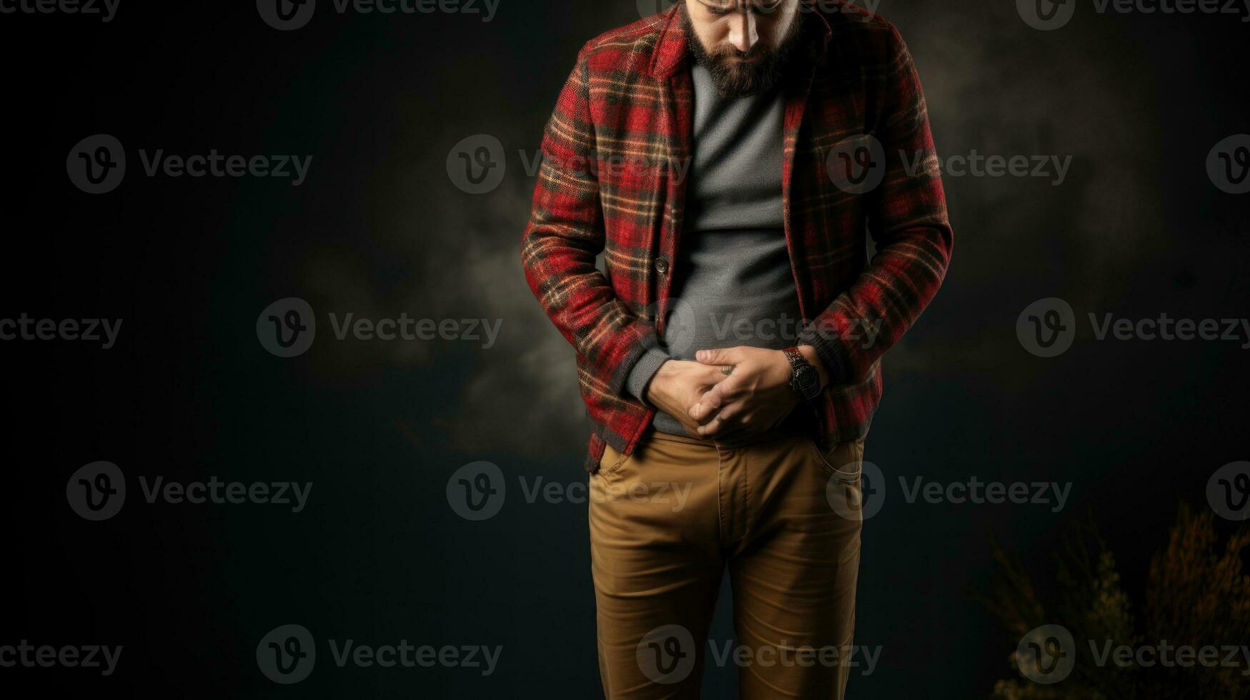 Pain area. A man in a checkered shirt with his hands on his stomach on a dark background.  Digestive problems, gastritis, intestinal problems, liver failure. photo