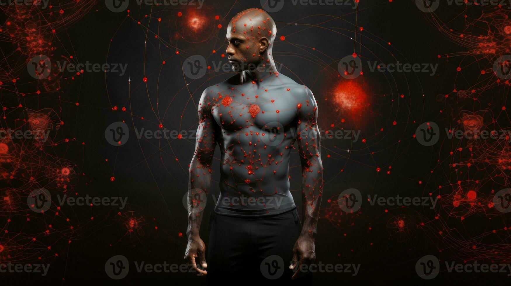 Black man with glowing red human body on black background. Pain dots, muscle spasm or nerve entrapment. photo