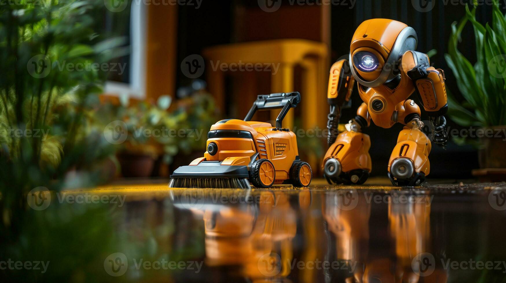Miniature yellow robot cleaner working in room. Artificial intelligence robotic housekeeper concept photo
