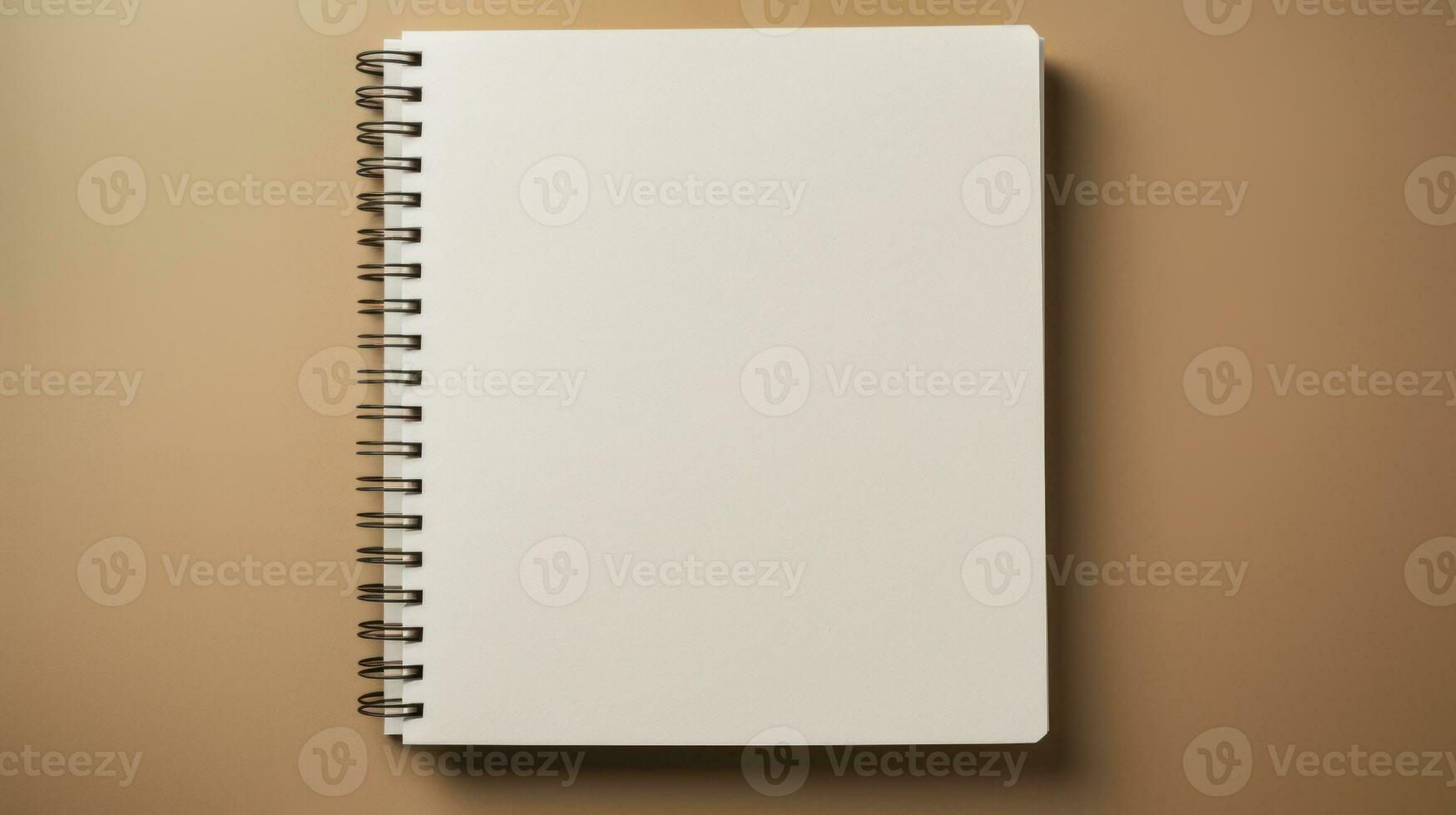 Mockup. A clean open notebook with blank sheets on a clean beige background. Top view. Flat lay. With copy space. Template for design. Spiral organizer. AI generated photo