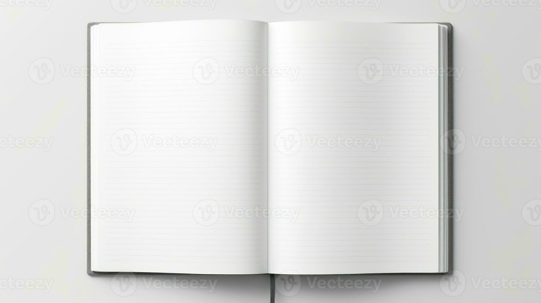 Mockup. A clean open notebook with blank sheets on a clean white background. Top view. Flat lay. With copy space. Template for design. AI generated photo