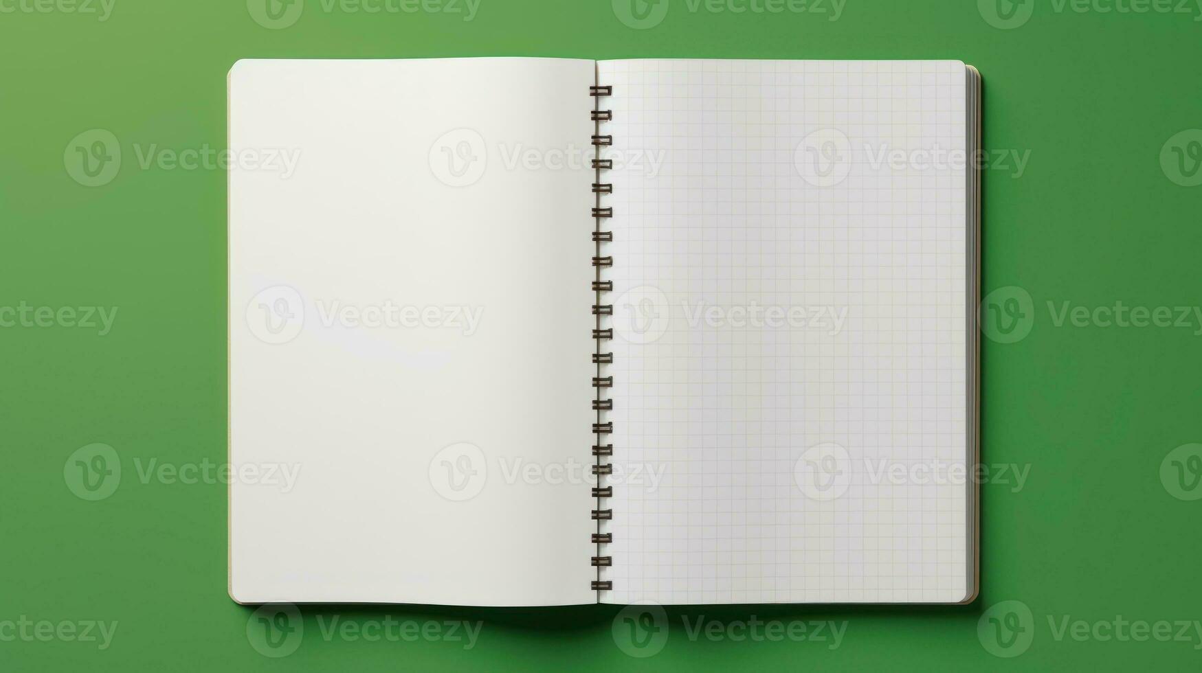 Mockup. A clean open notebook with blank sheets on a clean green background. Top view. Flat lay. With copy space. Template for design. Spiral organizer. Close up. AI generated photo