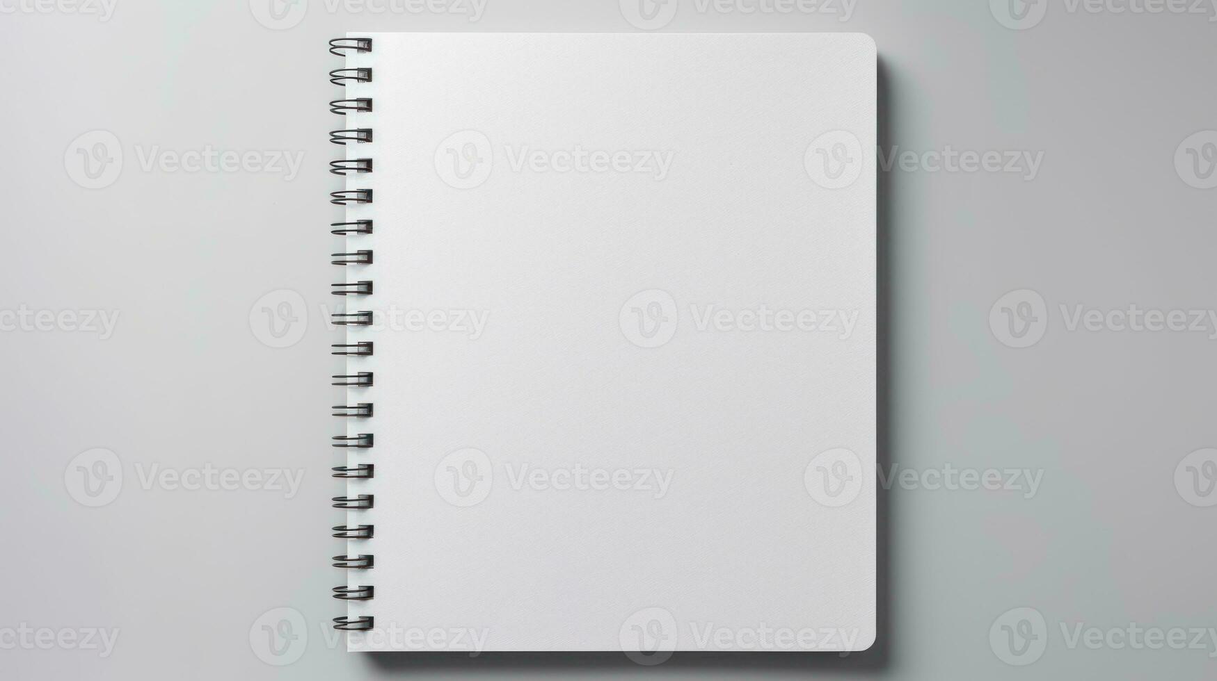 Mockup. A clean open notebook with blank sheets on a clean white background. Top view. Flat lay. With copy space. Template for design. Close up. Spiral organizer.. AI generated photo