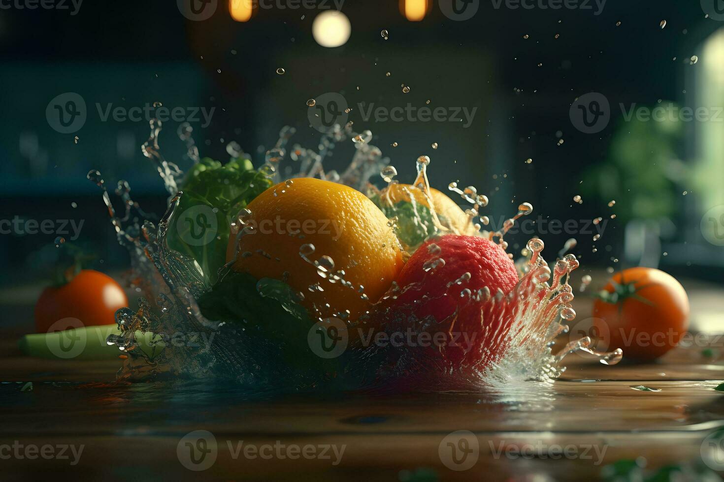 Vegetables splash in water on black background. Neural network AI generated photo