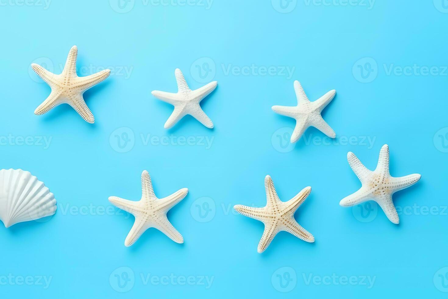 Summer background. Seashells and stars border on sand. Neural network AI generated photo