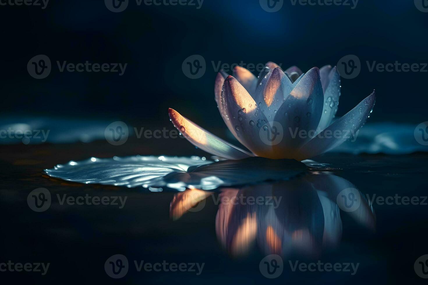 lotus flower in the water at night. Neural network AI generated photo