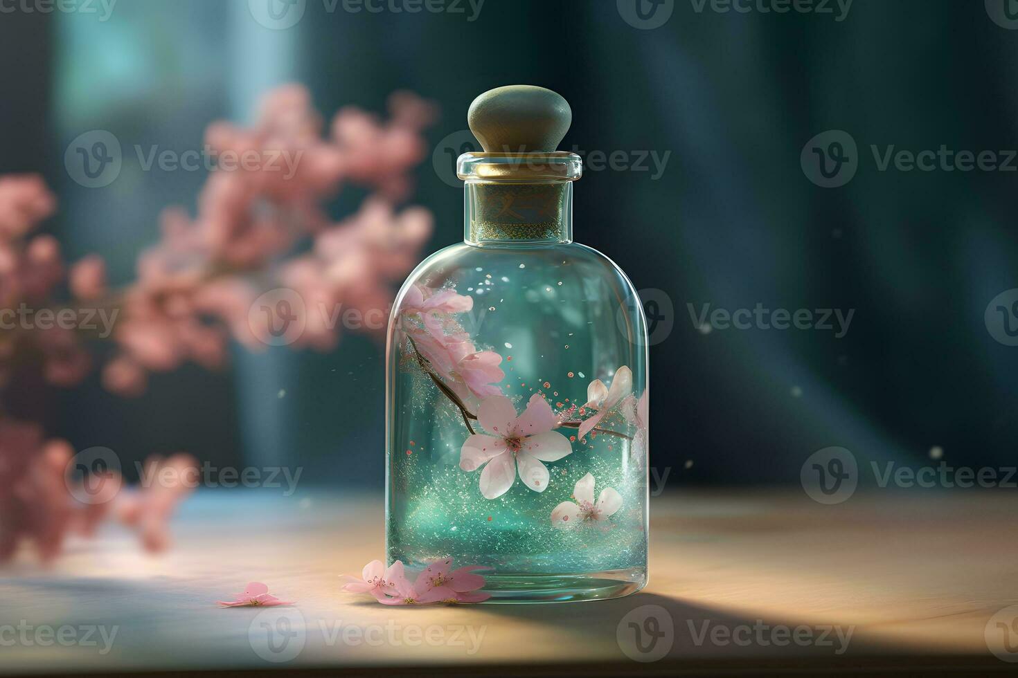 Glass bottles with flower extract. Neural network AI generated photo