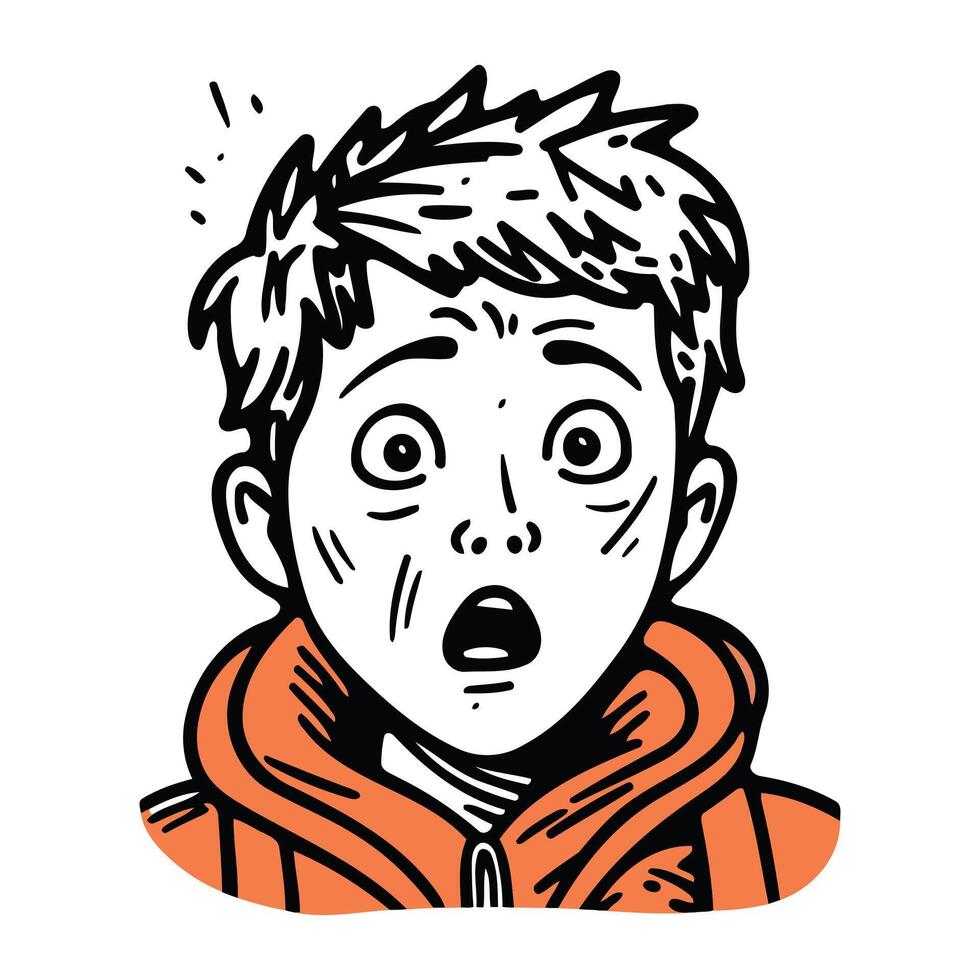 Scared boy in winter clothes. Vector illustration in doodle style.