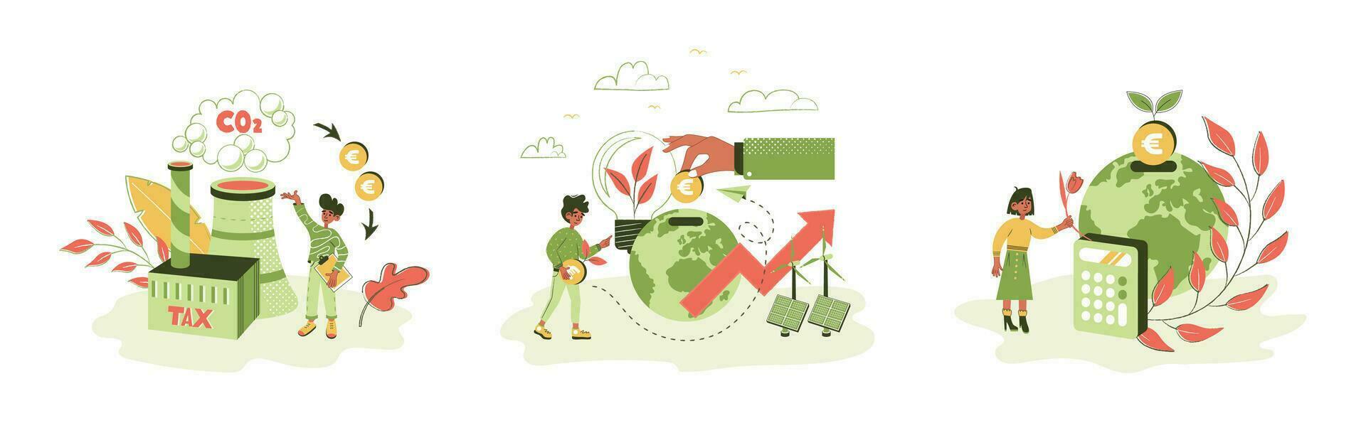 Sustainability illustration set. Characters showing ways to reduce CO2 emission through carbon tax, credit and eco investing. Low carbon and environmental responsibility concept. Vector illustration.