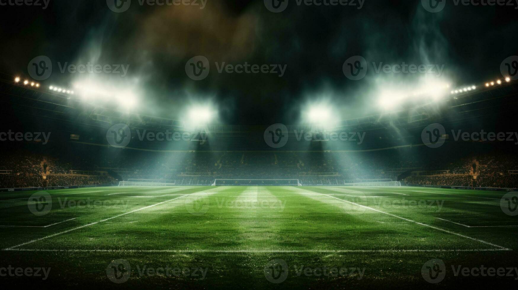 A image of Green soccer field bright spotlights night view Generative AI photo