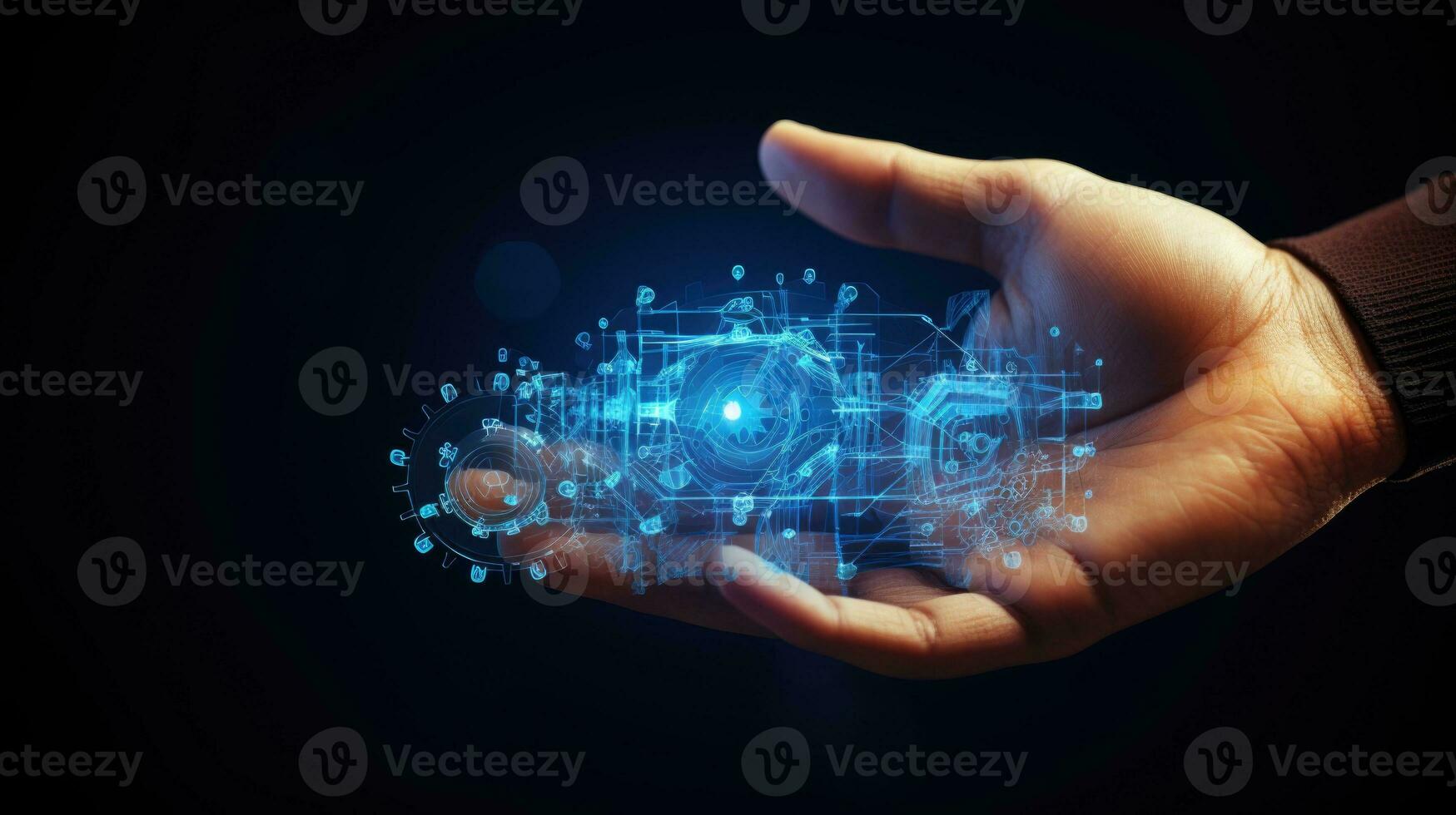 A image of Gears Mechanical technology machine engineering man hand holding Generative AI photo