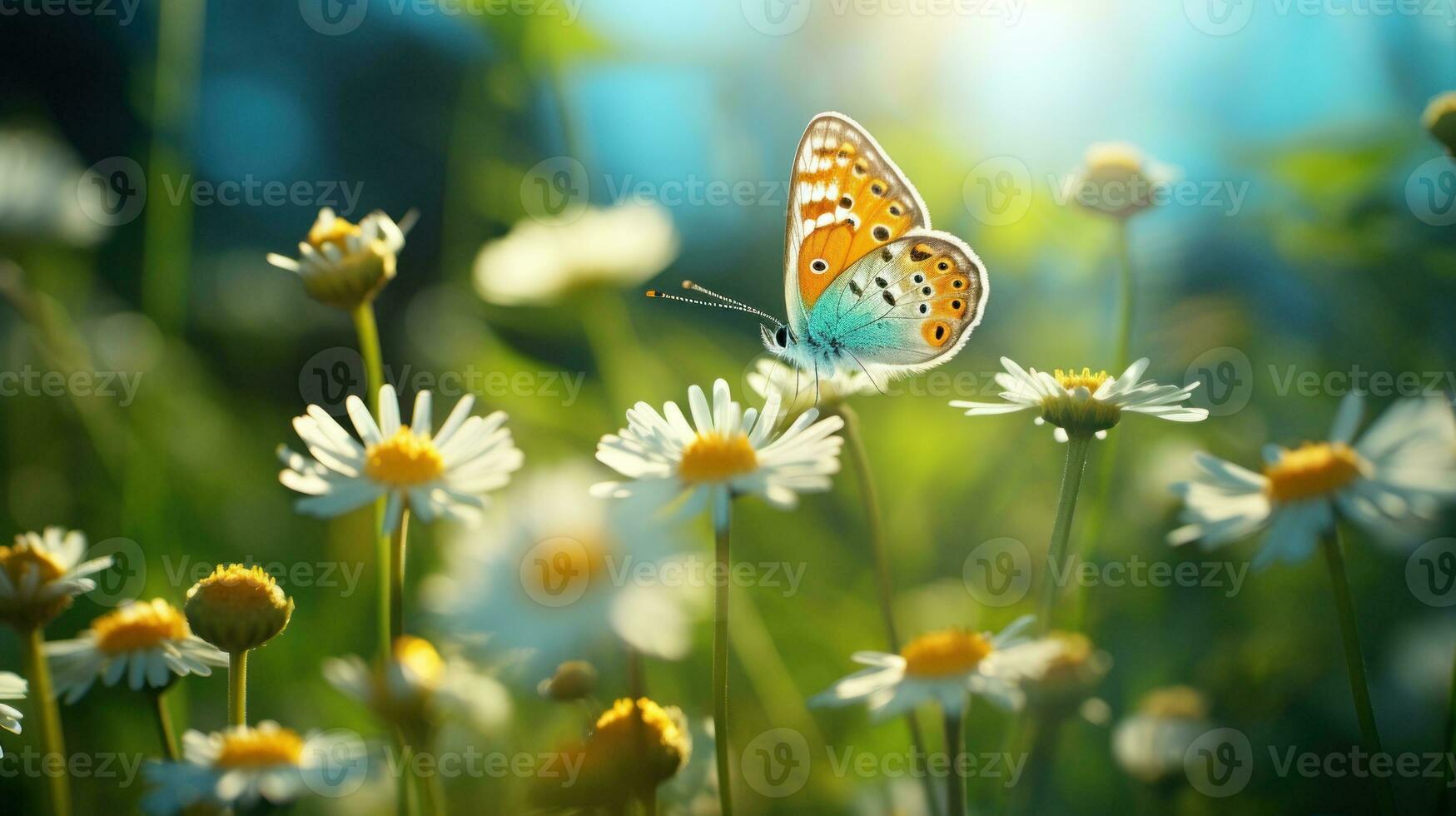 cerca arriba alta resolución imagen de mariposa en margarita flor. generativo ai foto