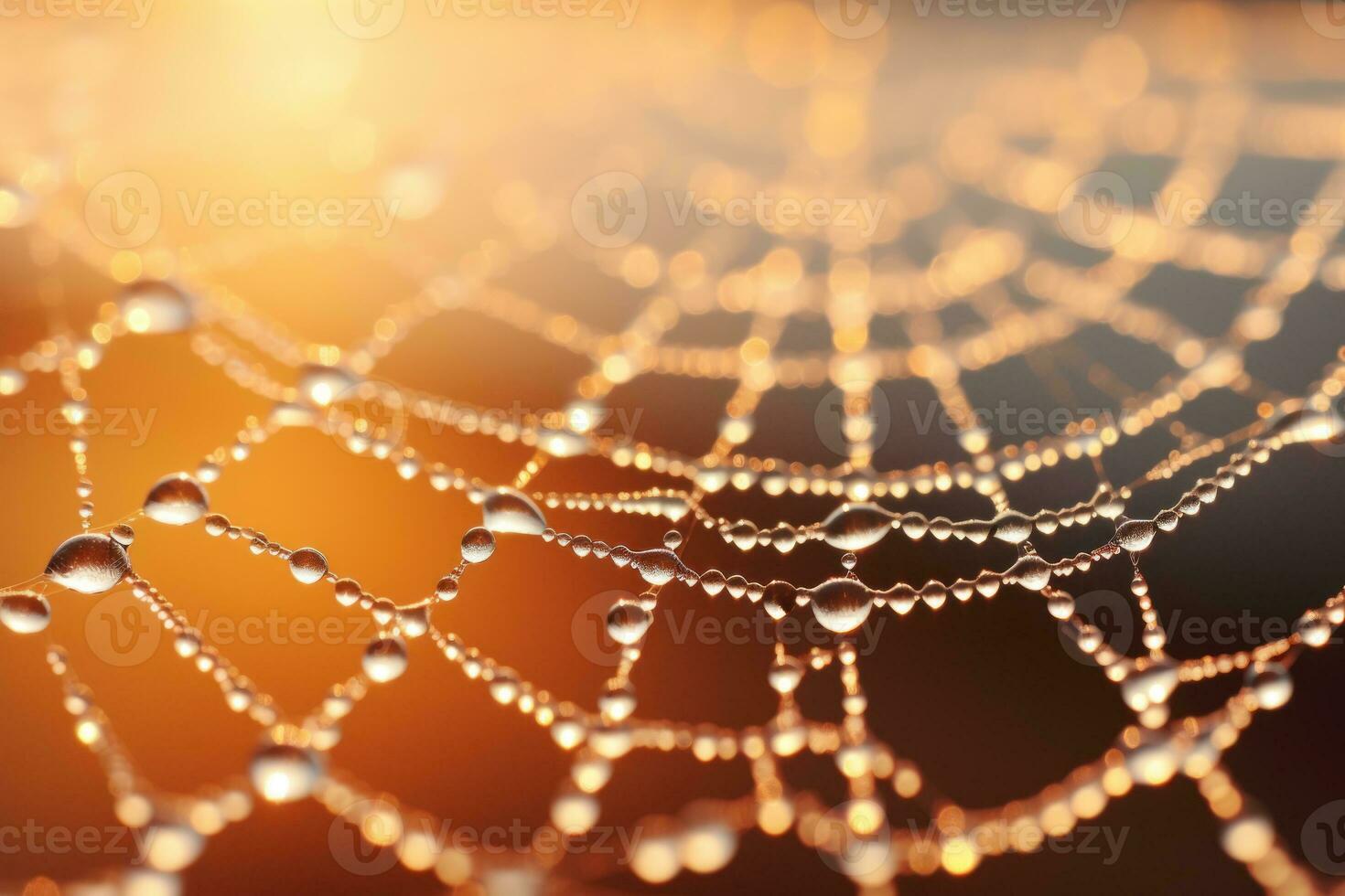 Close up Sunrise backlit dew drops clinging to a delicate spider web. Generative AI photo