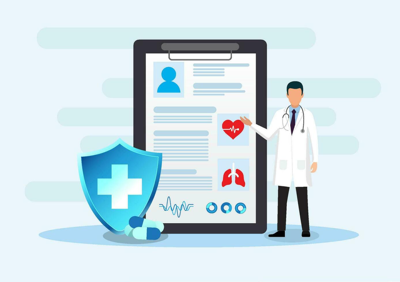 Healthcare technology, doctor standing explaining treatment On the back is an information sheet along with the pills. It refers to doctors who quickly diagnose disease and cure patients' symptoms. vector