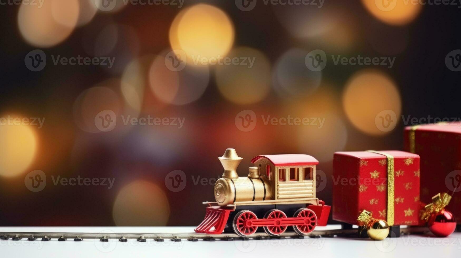 Red toy train and mini gift box, studio shot, bokeh, winter Christmas banner. Generative AI photo