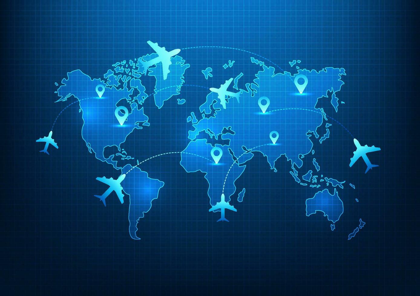 transporte y logística negocio tecnología aviones son clavado en el mundo mapa a entregar bienes. por utilizando tecnología y artificial inteligencia a ayuda gestionar el transporte sistema. vector