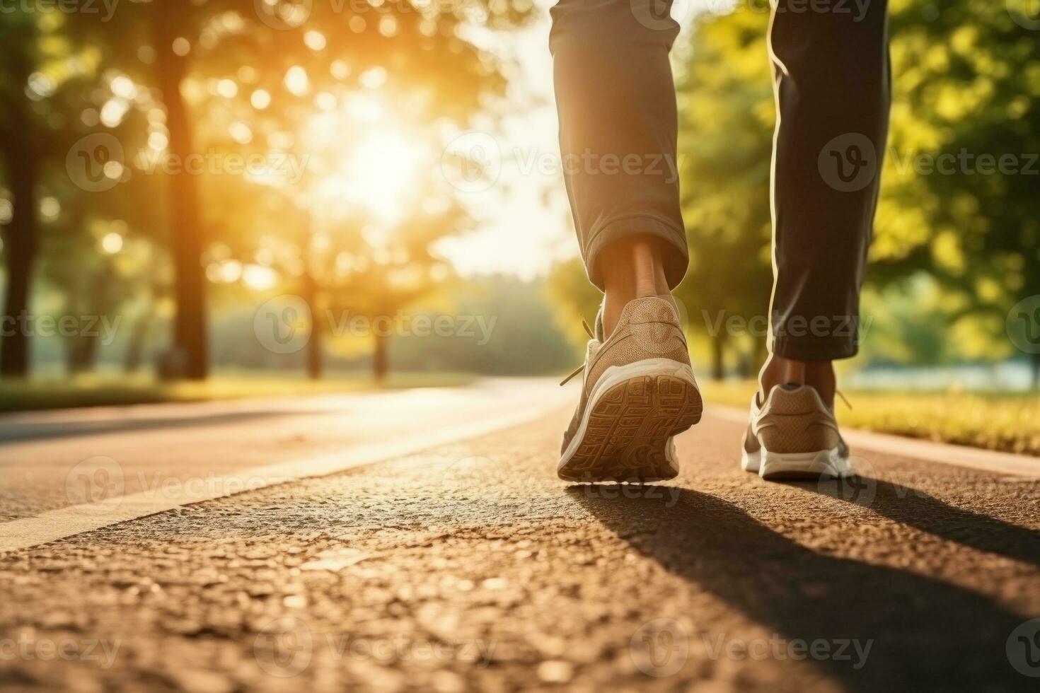 Summer shoes on the asphalt road in the sun - time for summer running. Generative AI photo