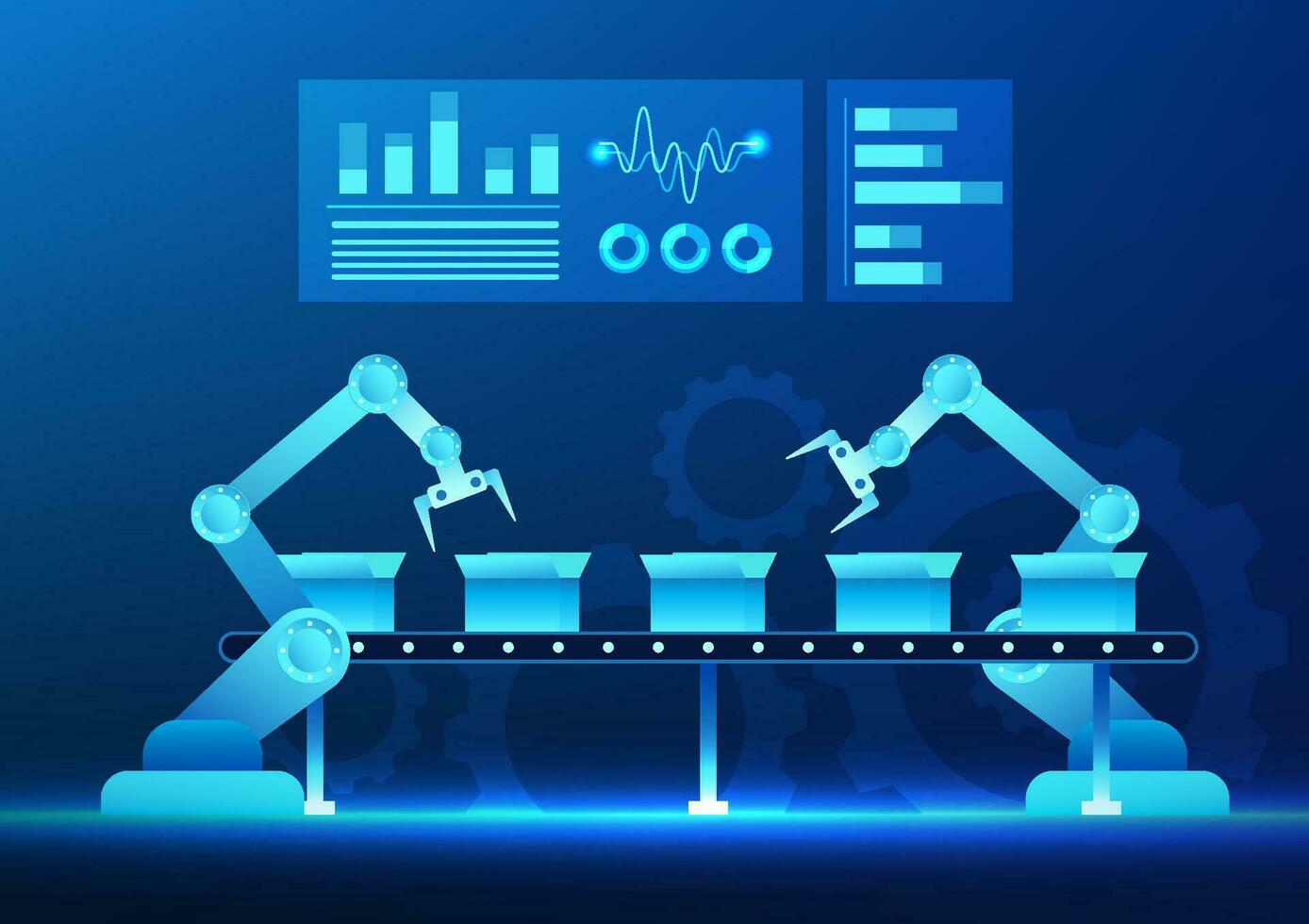 industria 4.0 negocio tecnología, el mecánico fabricación industria es trabajando el parte superior muestra sistema información. eso representa moderno industria ese es completamente automatizado y aumenta eficiencia. vector