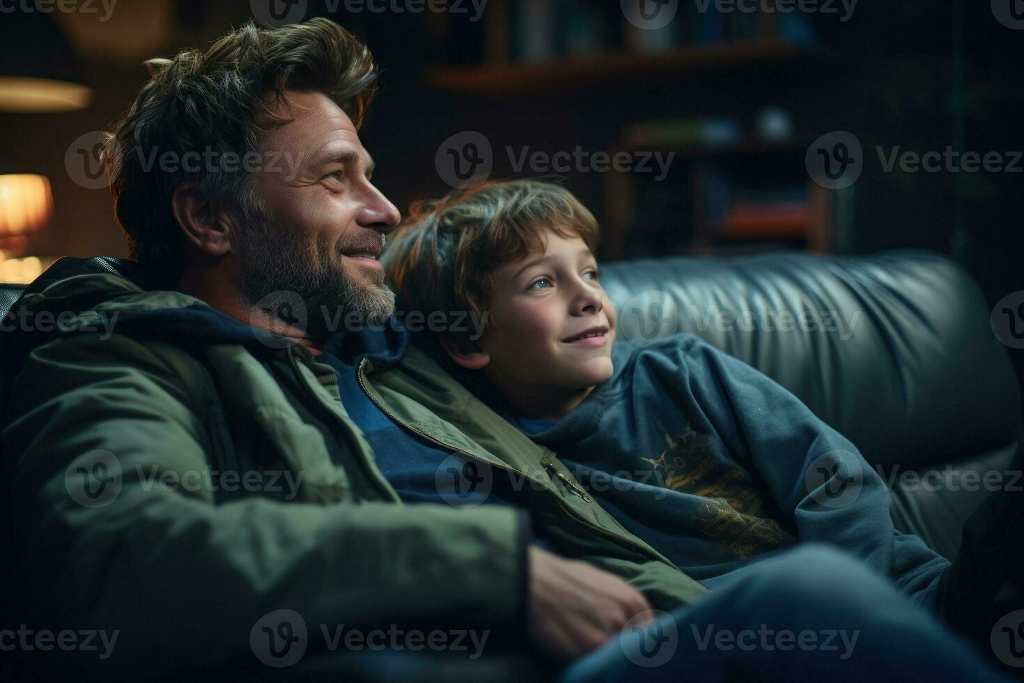 Father with his children in the living room at home watching a football game on television. Generative AI photo