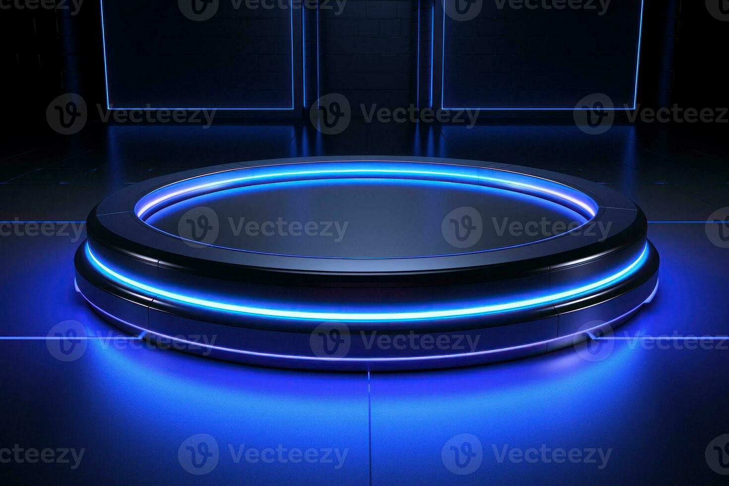 An open circular platform for product display, with a blue color scheme. Generative AI photo