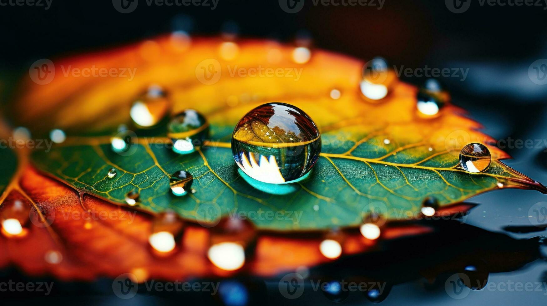 Extreme close up photography of a drop on a colorful leaf. Generative AI photo