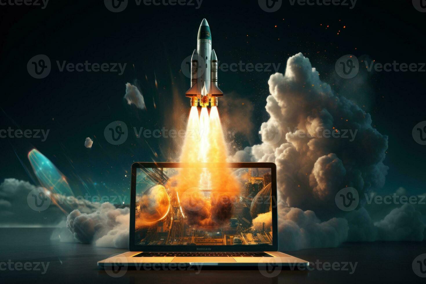 AI Generated Launching Space Rocket From Laptop Screen. Generative AI photo