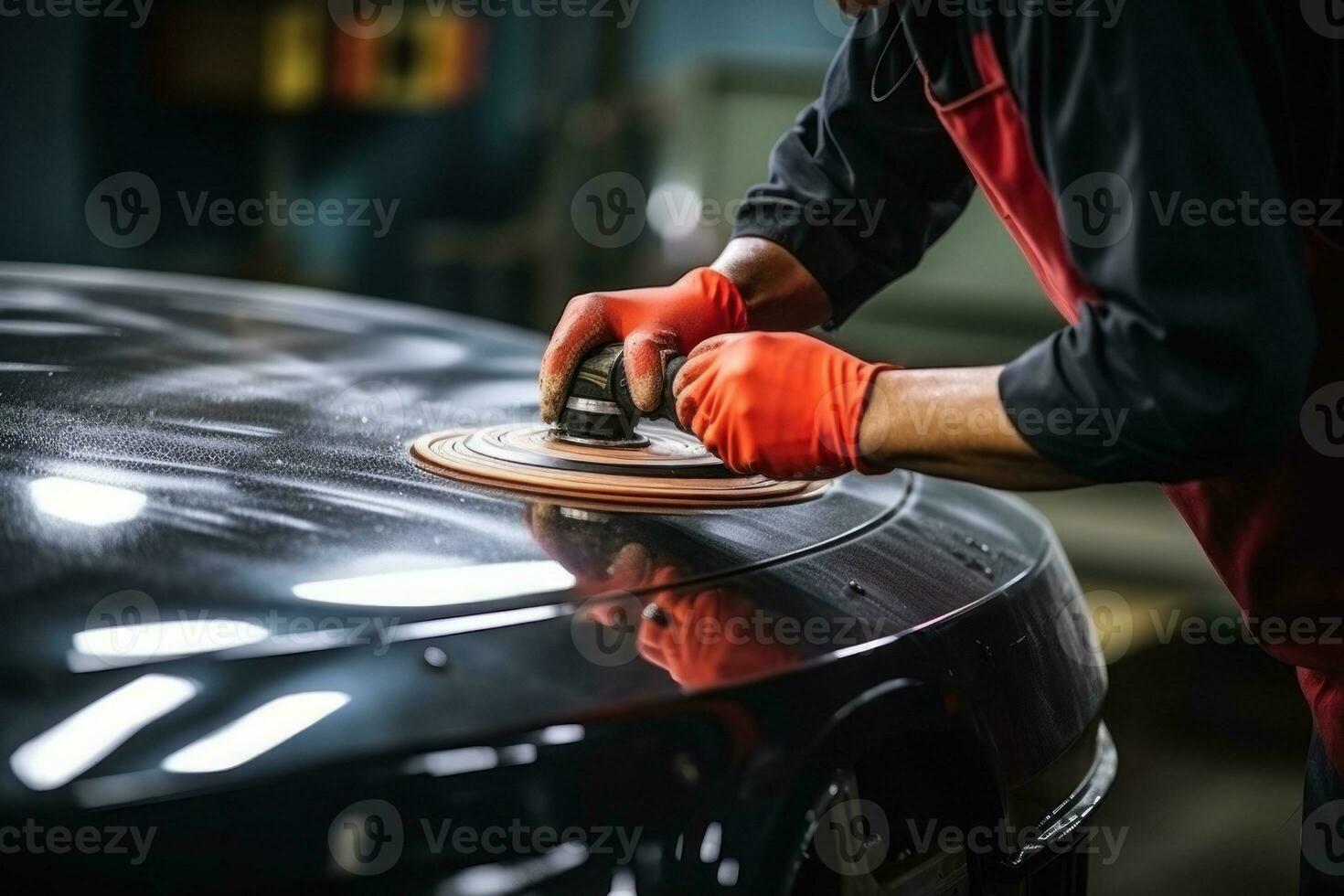 Car detailing Hands with orbital polisher in auto repair shop. Generative AI photo